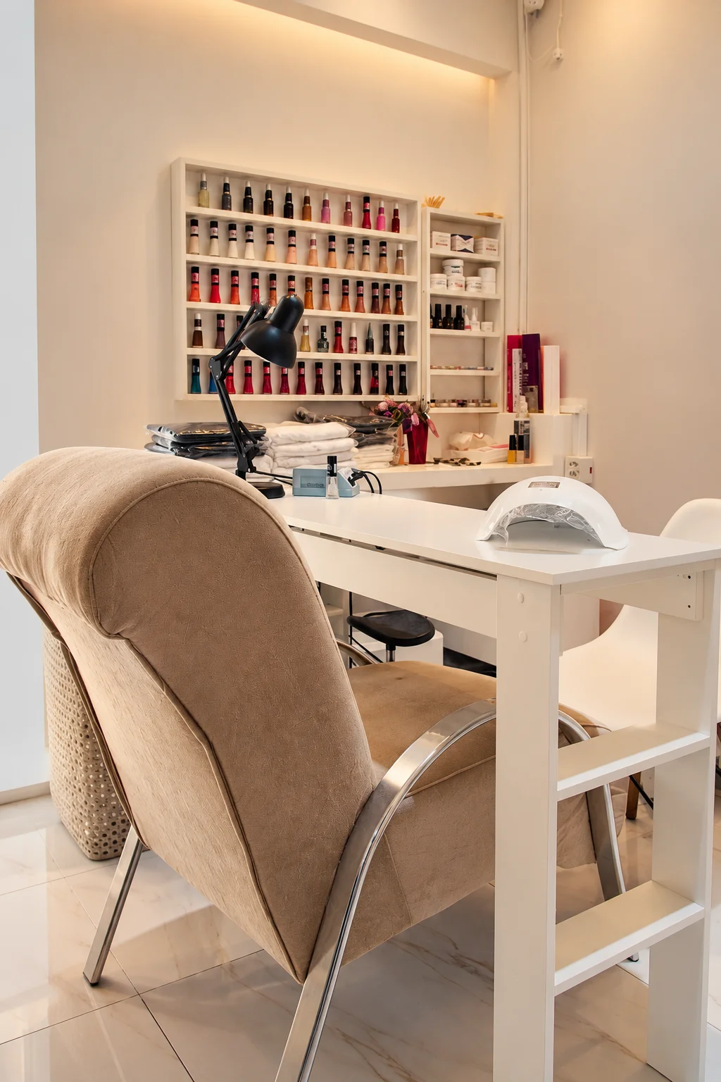 Ambiente interno com poltrona, bancada de trabalho e prateleira de produtos.