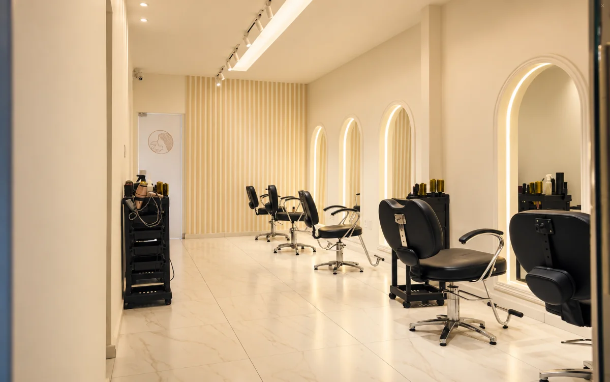 Ambiente interno da Sol Lima com cadeiras de atendimento e espelhos iluminados.