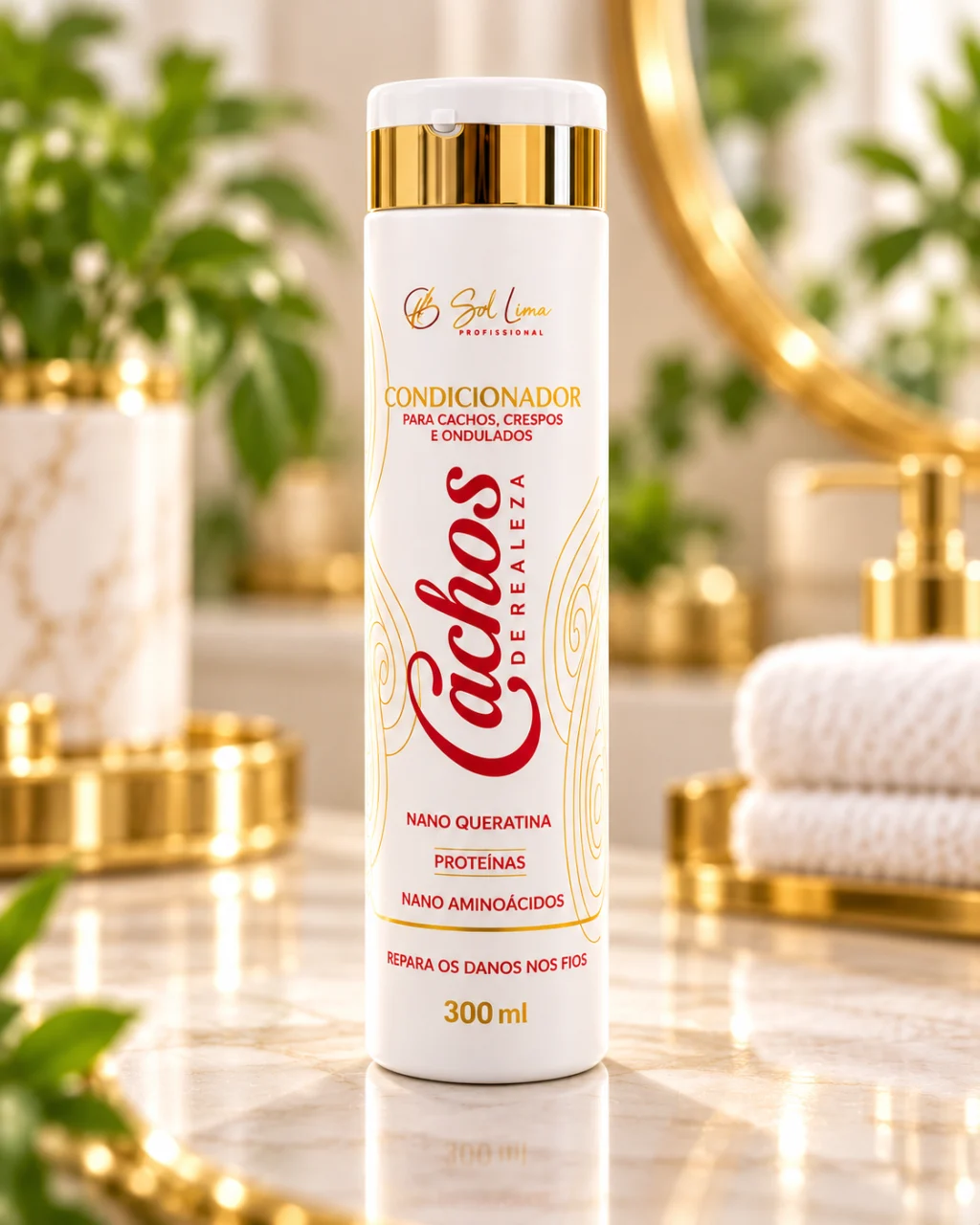 Embalagem individual de condicionador Cachos de Realeza, com frasco branco e detalhes dourados.