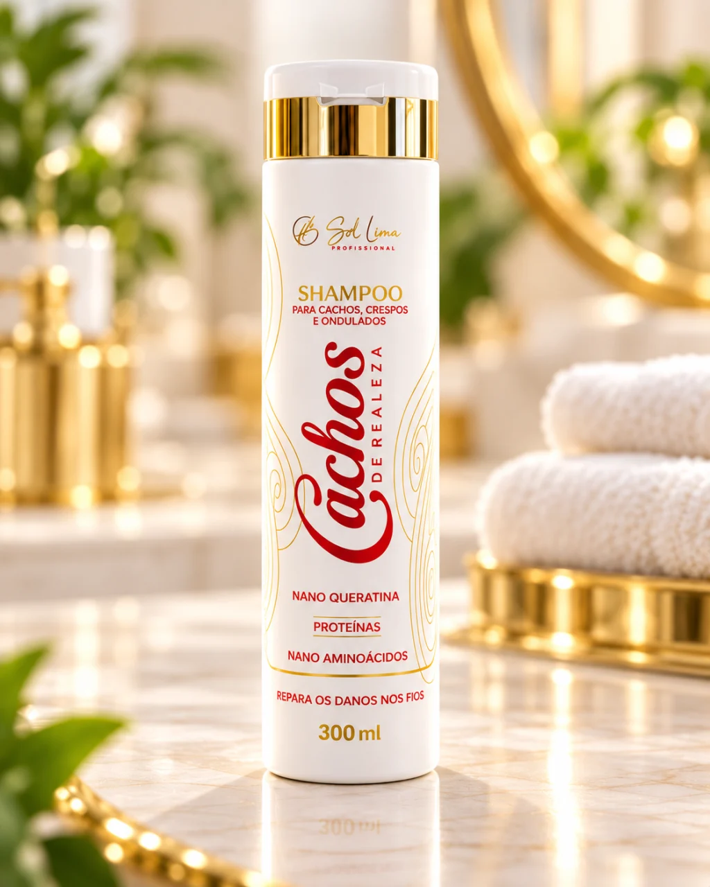 Embalagem individual de shampoo Cachos de Realeza, com frasco branco e detalhes dourados.